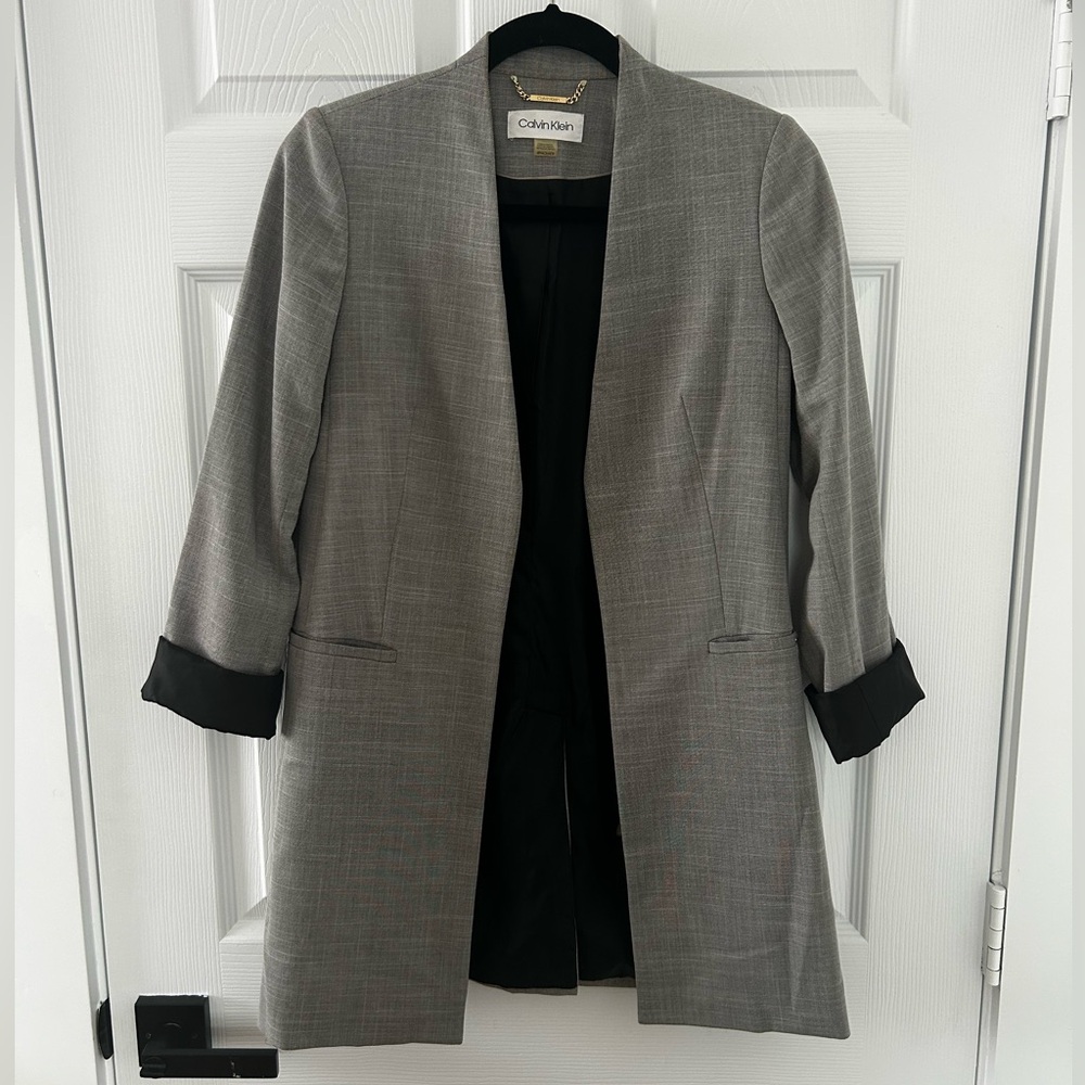 Calvin Klein Gray Open-Front Long Blazer with Black Lining